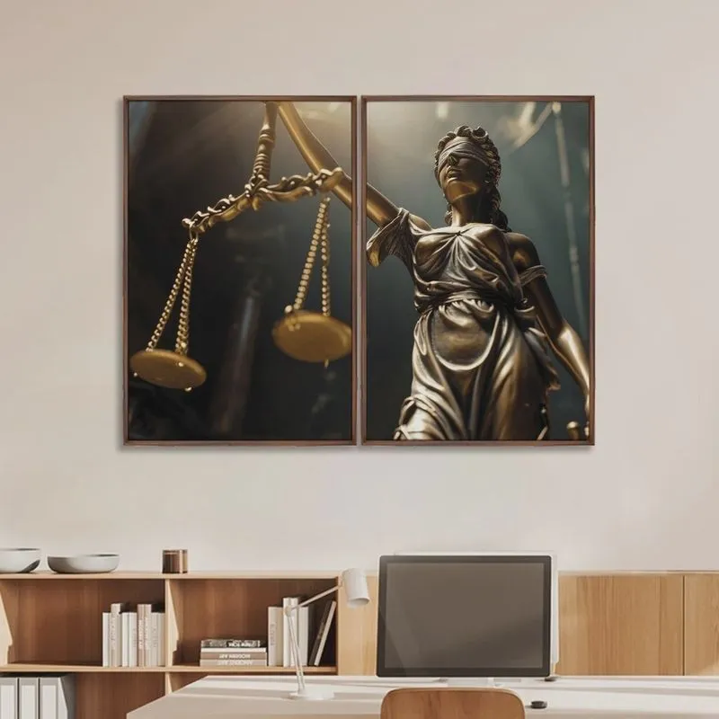 Quadro Decorativo Temático Direito Balança da Justiça com 2 Telas de Parede para Escritório