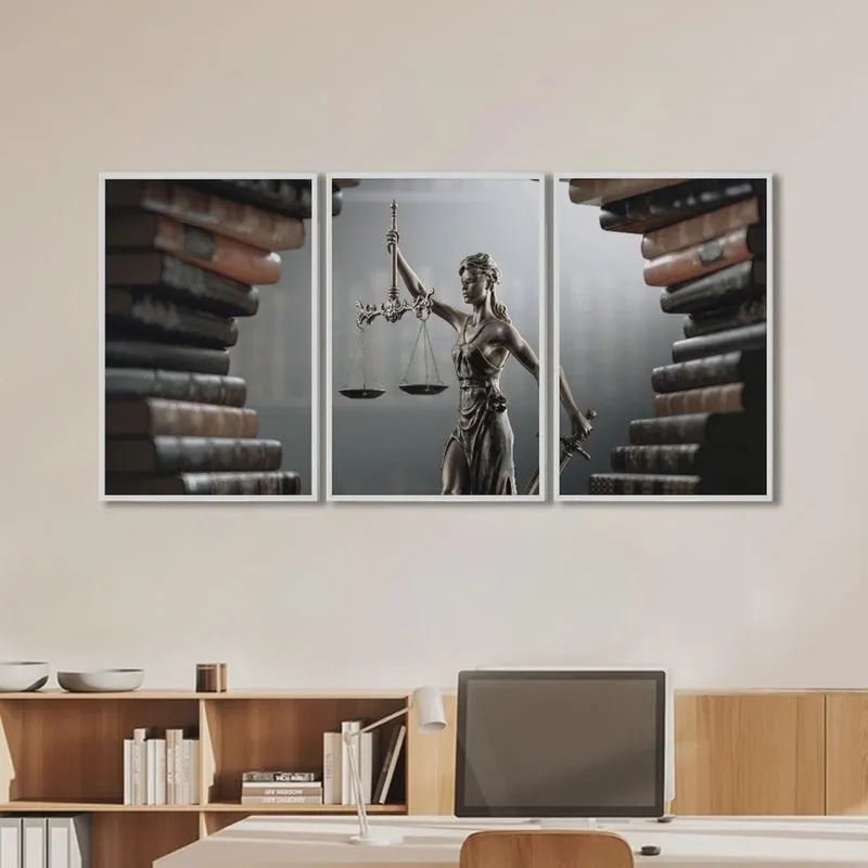 Quadro Decorativo Temático Direito Livros com 3 Telas para Banheiro Escritório Sala Sem Vidro