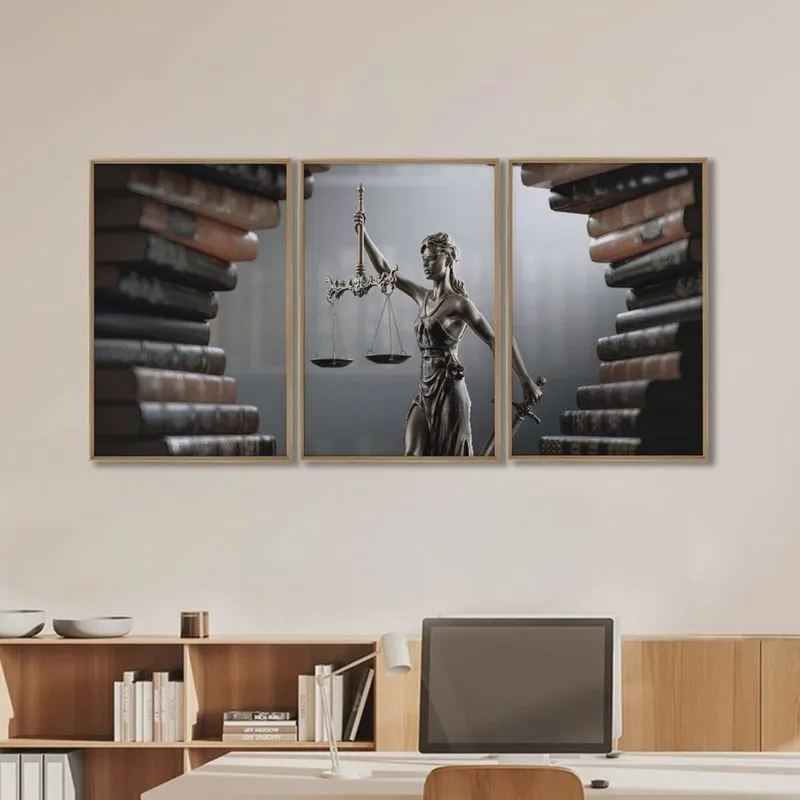 Quadro Decorativo Temático Direito Livros com 3 Telas para Banheiro Escritório Sala Natural