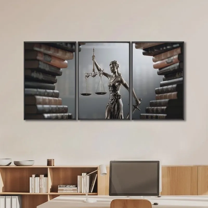 Quadro Decorativo Temático Direito Livros com 3 Telas para Banheiro Escritório Sala Sem Vidro