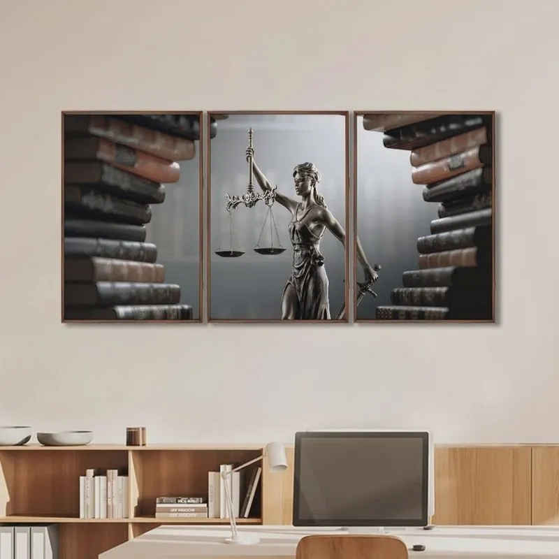 Quadro Decorativo Temático Direito Livros com 3 Telas para Banheiro Escritório Sala Com Vidro