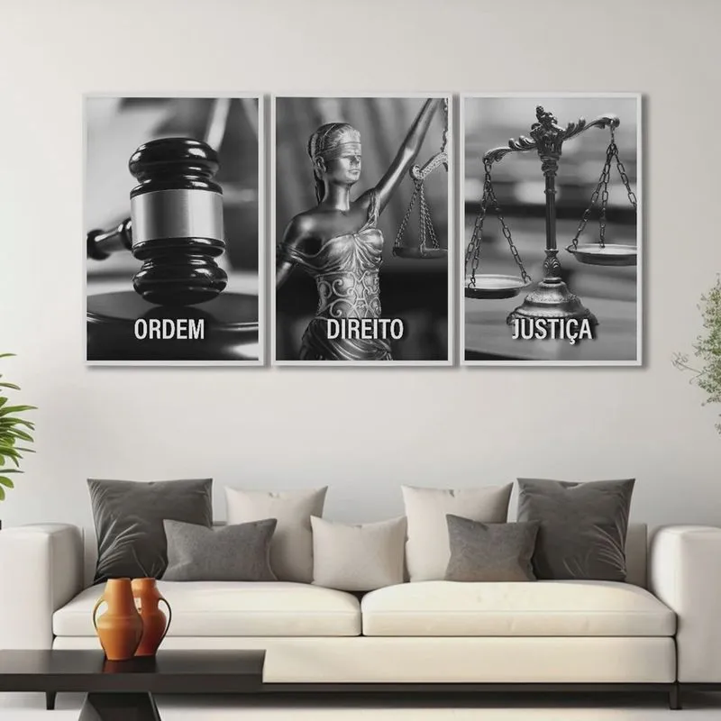 Quadro Decorativo Temático Direito Deusa da Justiça com 3 Telas para Escritório Sala Lavabo Sem