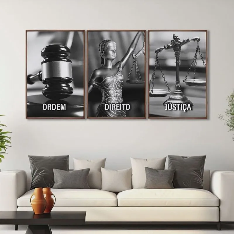 Quadro Decorativo Temático Direito Deusa da Justiça com 3 Telas para Escritório Sala Lavabo Com