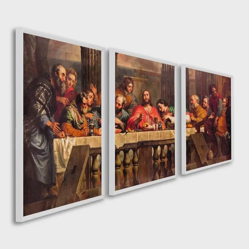 Quadro Decorativo Religioso a Santa Ceia com 3 Telas para Sala Quarto Igreja 60cm X 90cm Com Vidro