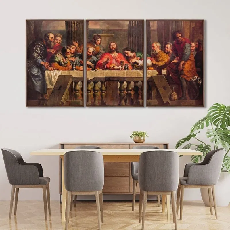 Quadro Decorativo Religioso a Santa Ceia com 3 Telas para Sala Quarto Igreja 60cm X 90cm Sem Vidro