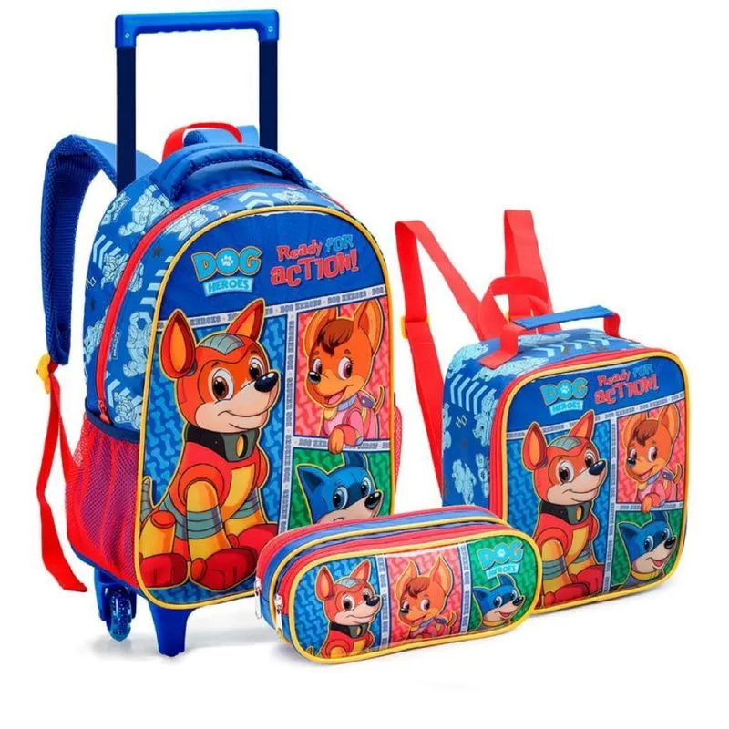 Kit Mochila Infantil Escolar Rodinhas Dog Heroes Com Lancheira Estojo Seanite