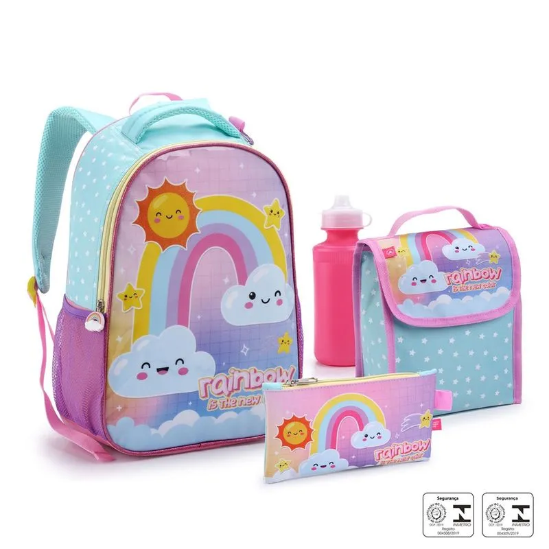 Kit Mochila Escolar Infantil Com Lancheira Estojo Arco-íris