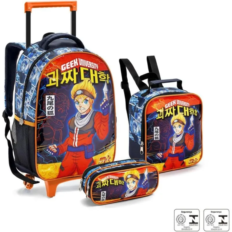 Mochila Infantil com Rodinha Ninja Lancheira+estojo KIT (7908497414160)