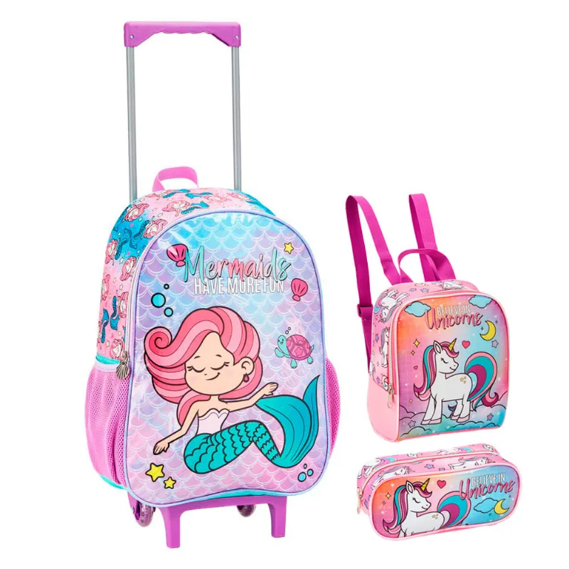 Kit Mochilete Escolar Lancheira Estojo Sereia Unicórnio Seanite - Seanite