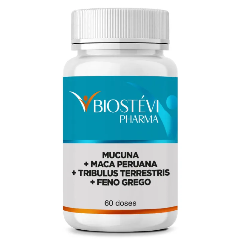 Mucuna 200mg, maca peruana 200mg, tribulus 200mg e feno grego 150mg
