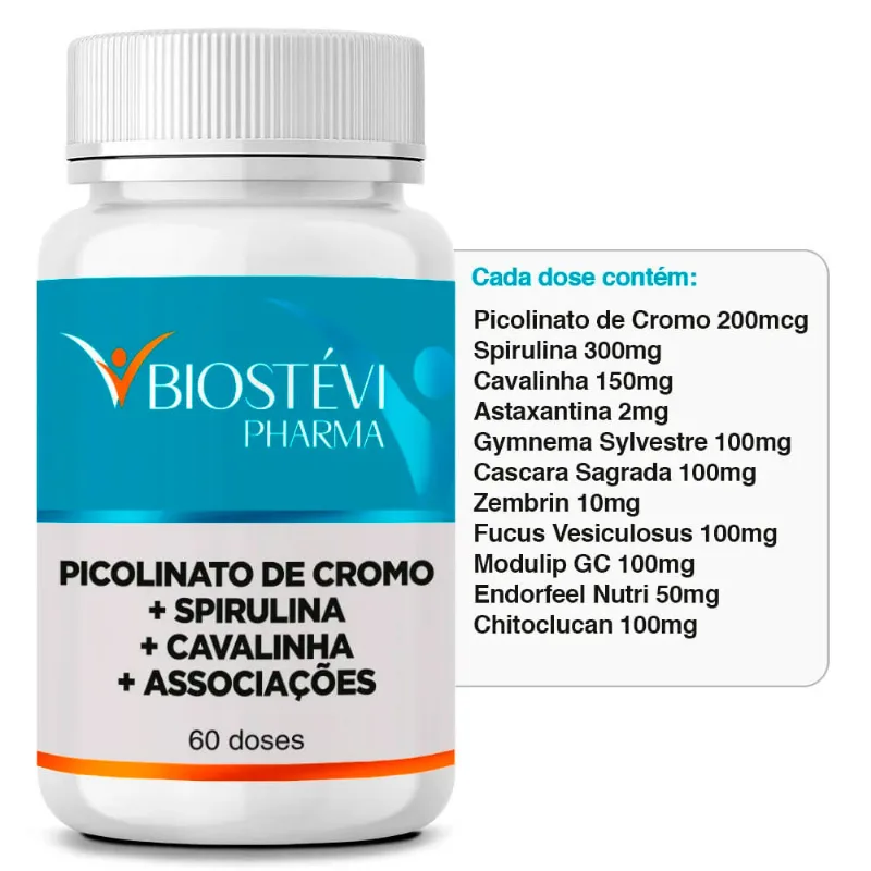 Controle do Apetite e Redução de Medidas com Picolinato de Cromo + Spirulina + Cavalinha + Associações 60 doses