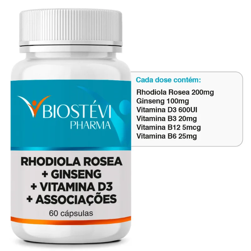 Combate Desânimo e Fadiga | Rhodiola Rósea 200mg + Ginseng 100mg + Vitamina D3 600UI + Associações 60 Cápsulas