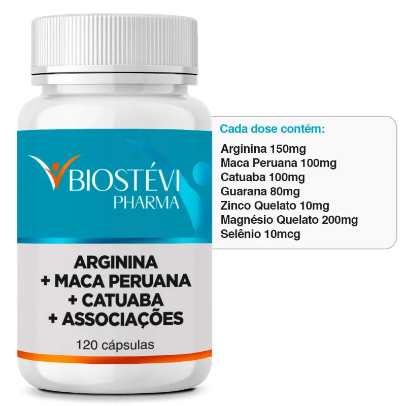 Arginina 150mg + Maca Peruana 100mg + Catuaba 100mg + Associações 120 Cápsulas