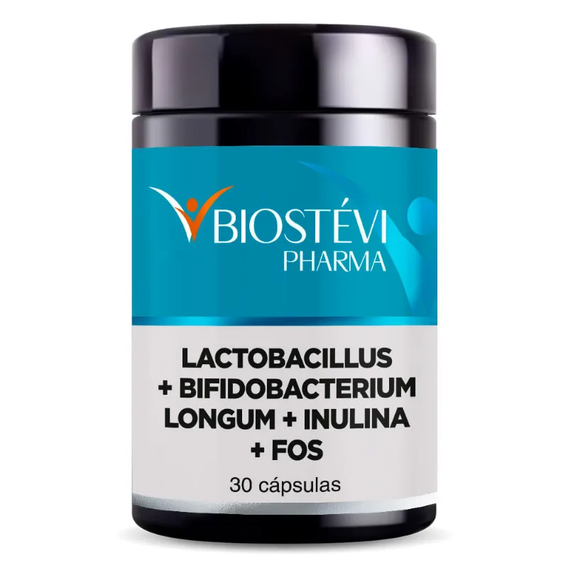 Flora Intestinal Saudável | Lactobacillus + Bifidobacterium Longum 2 bilhões + Inulina 100mg + FOS 100mg 30 Cápsulas