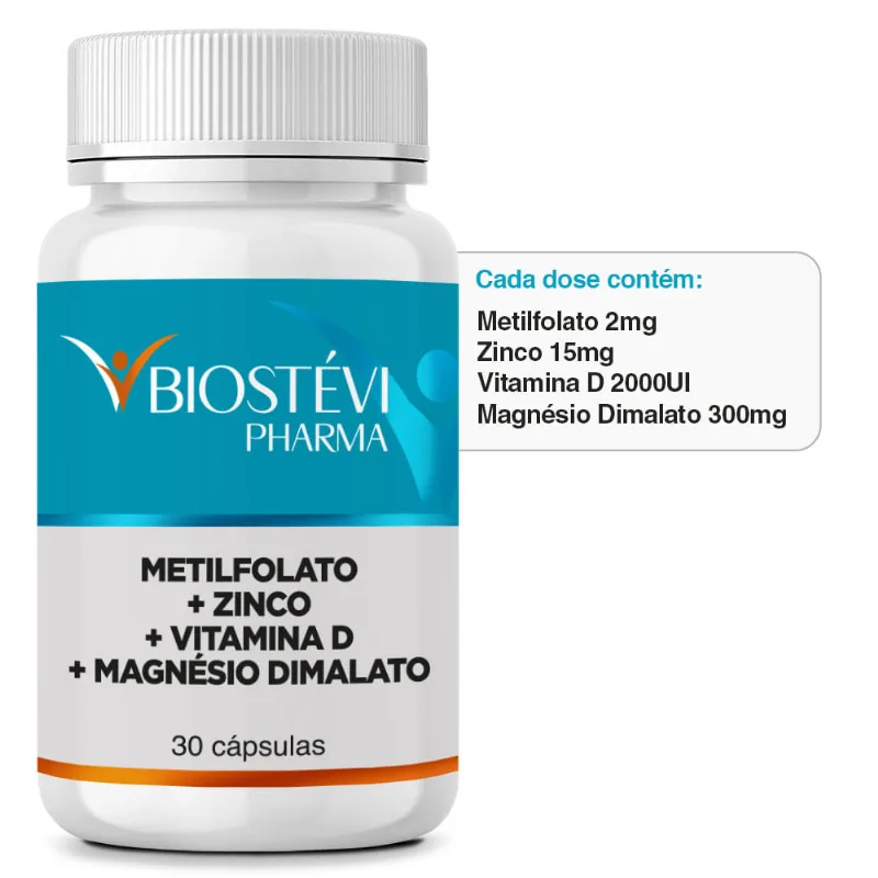 Composto para Auxilio dos Sintomas de Ansiedade e Depressão | Metilfolato + Zinco + Vitamina D + Magnésio Dimalato 30 Cápsulas
