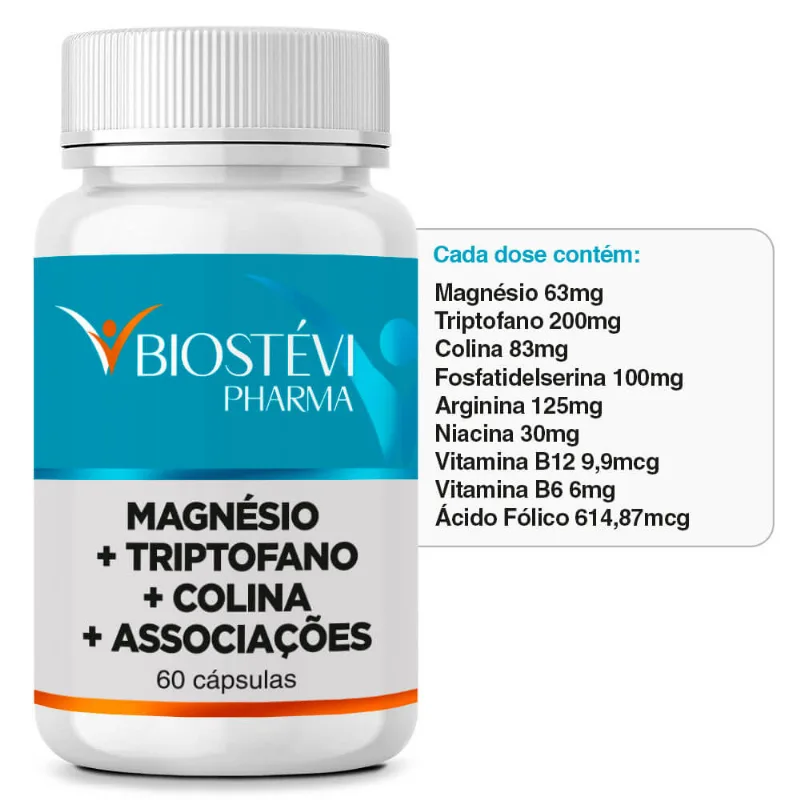 Neurosuplemento | Magnésio 63mg + Triptofano 200mg + Colina 83mg + Associações 60 Cápsulas