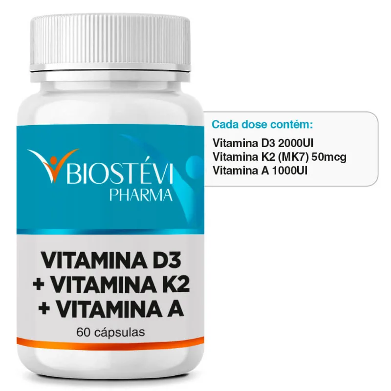 Vitamina D3 2000ui + Vitamina K2 (MK7) 50mcg + Vitamina A 1.000 UI 60 Cápsulas