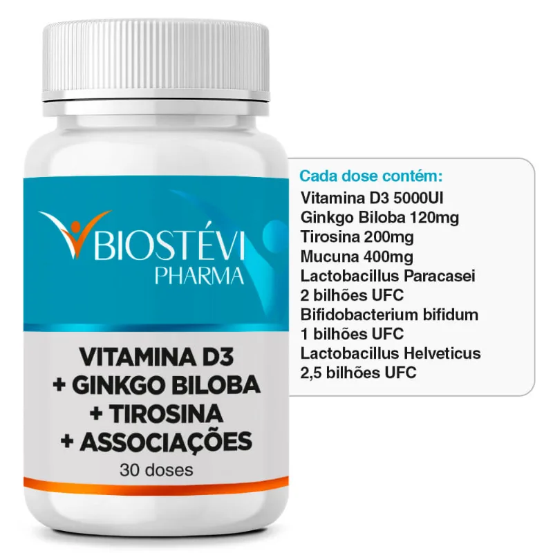 Composto para Auxiliar o Aumento da Dopamina | Vitamina D3 + Ginkgo Biloba + Tirosina + Associações 30 Doses