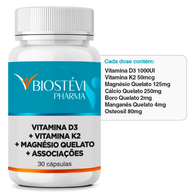 Composto para Osteoporose | Vitamina D3 + Vitamina K2 + Magnésio Quelato + Associações 30 Cápsulas