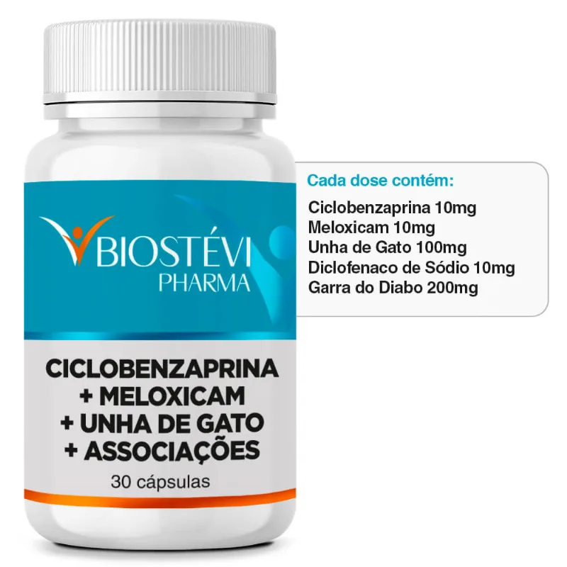 Composto para alívio da dor com ciclobenzaprina, meloxicam, unha de gato e associações 30 cápsulas