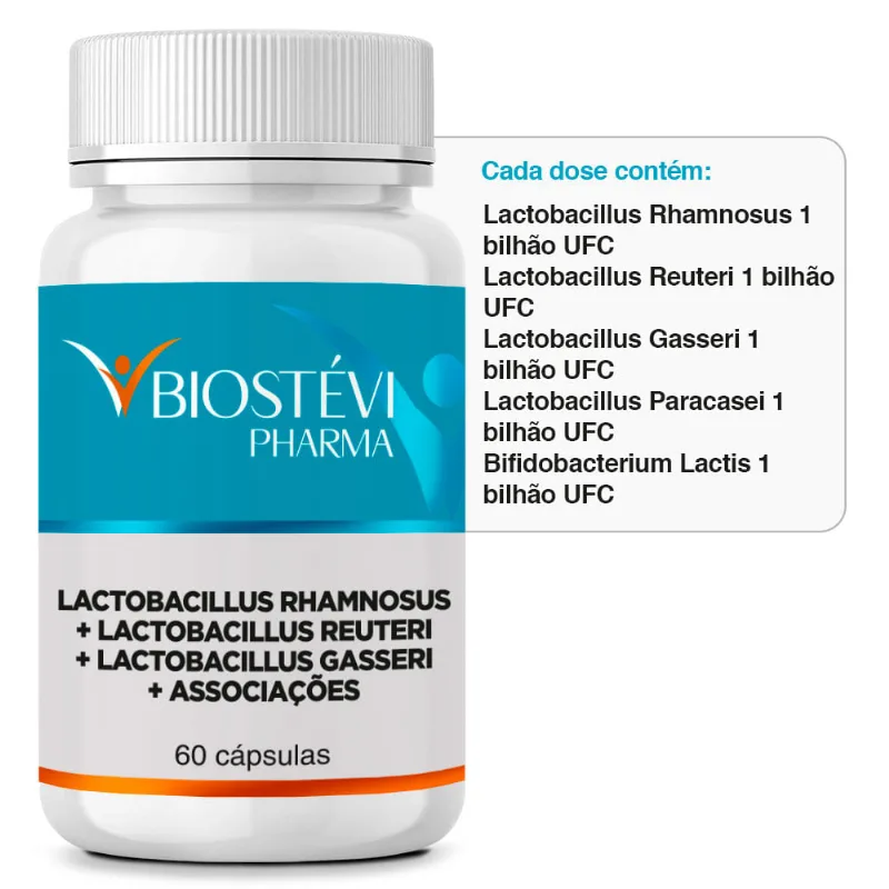 5 Probióticos para Emagrecimento | Lactobacillus Rhamnosus + Lactobacillus Reuteri + Lactobacillus Gasseri + Associações 60 Cápsulas