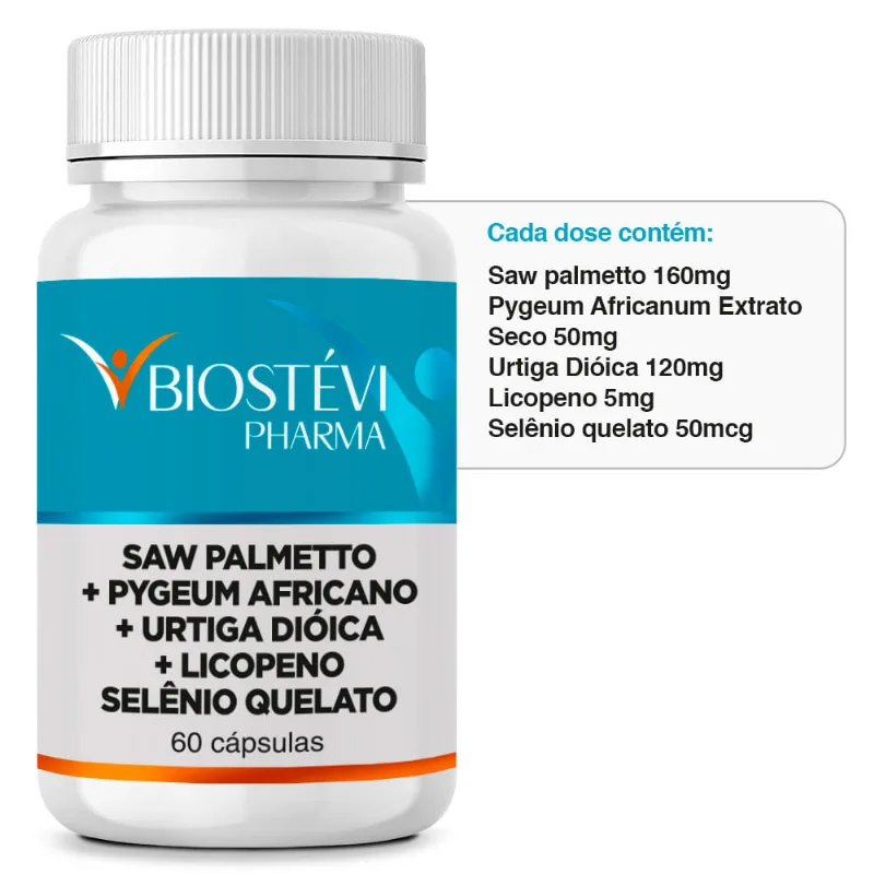 Composto Próstata Saudável | Saw Palmetto + Pygeum Africano + Urtiga Dióica+ Licopeno + Selênio Quelato 60 Cápsulas