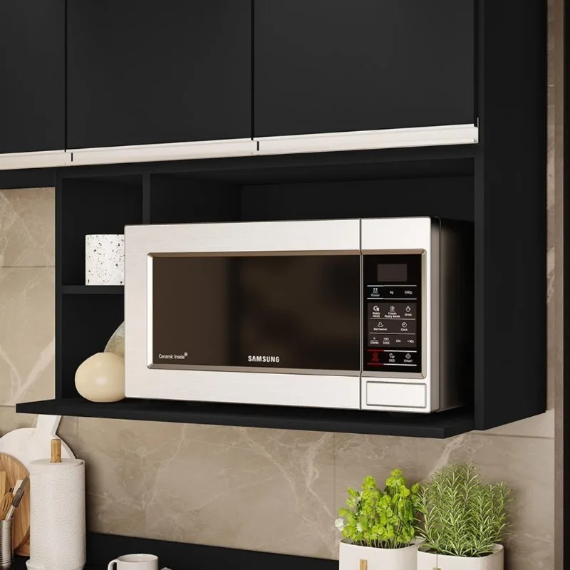 Suporte Microondas Aéreo 81cm Com Nicho Adega Miami Preto - Lumil