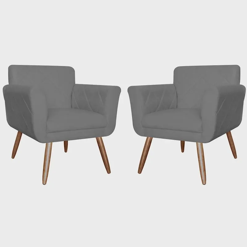 Kit 02 Poltronas Decorativas Isabela em Tressê Pés Palito Suede Cinza - ds Estofados