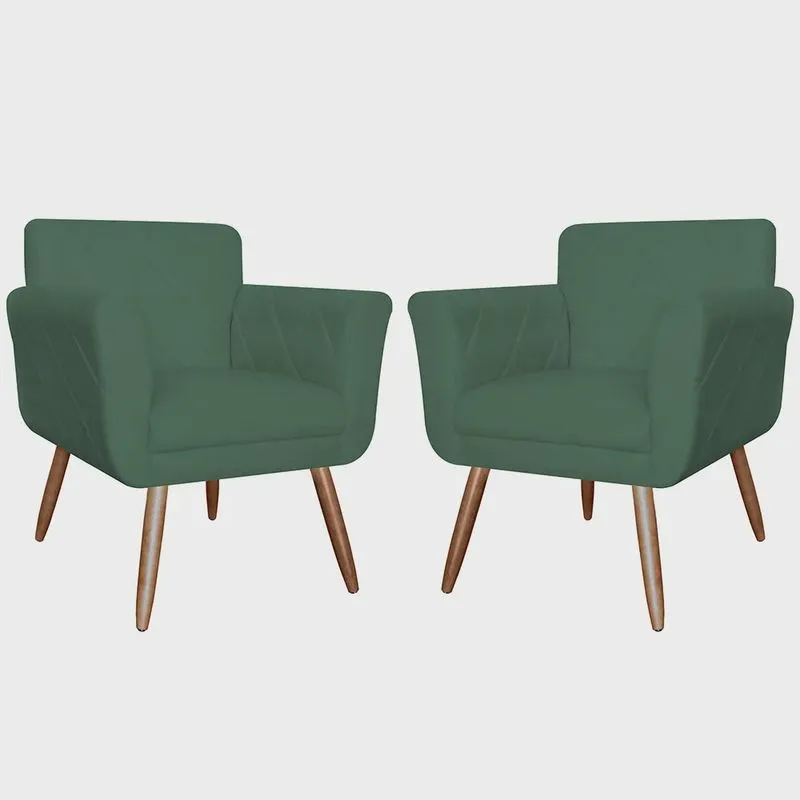 Kit 02 Poltronas Decorativas Isabela em Tressê Pés Palito Suede Verde - ds Estofados