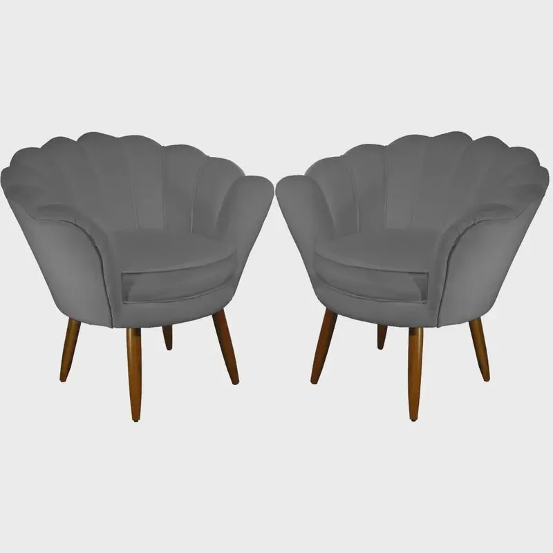 Kit 02 Poltronas Decorativa Pétala Pés Palito Suede Cinza - ds Estofados