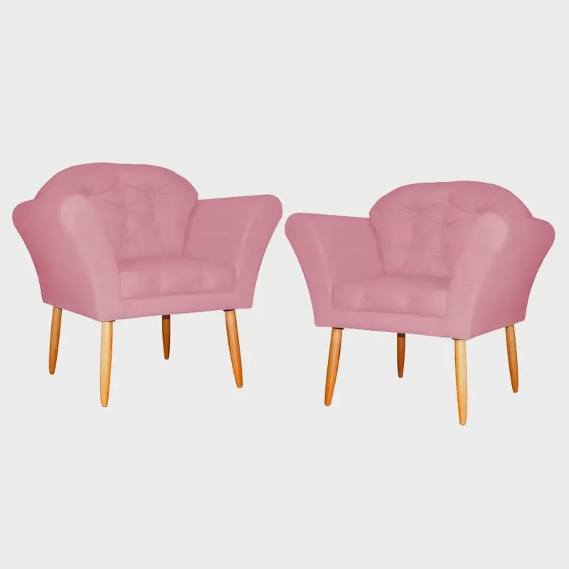 Kit 02 Poltronas Decorativa Amélia Pés Palito Suede Rosa - ds Estofados