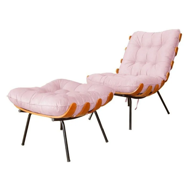 Kit Poltrona Decorativa Descanso Costela Com Puff Em Suede