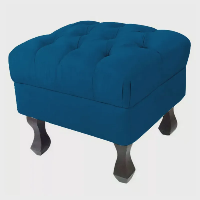 Puff Retrô Fixo Luis Xv Capitonê Suede Azul Royal - ds Estofados