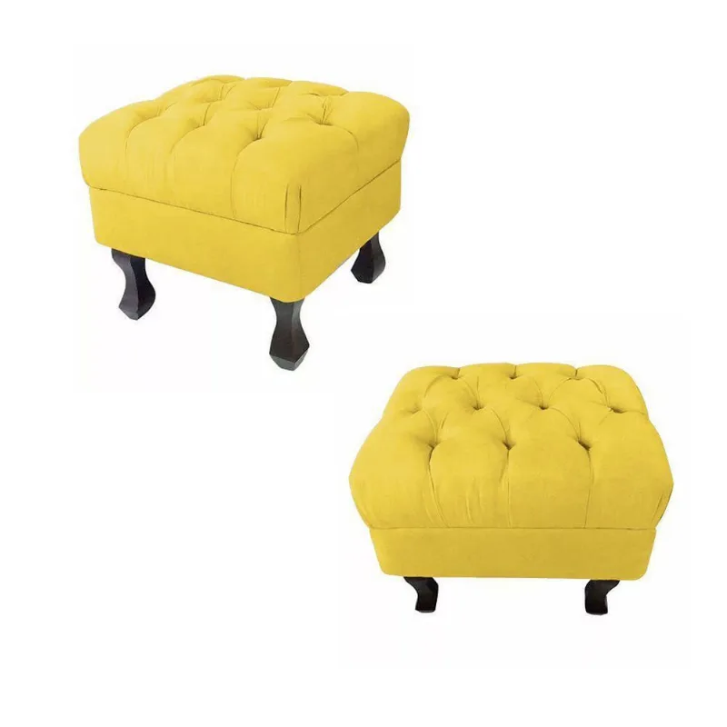 Kit 02 Puff Retrô Fixo Luis Xv Capitonê Suede Amarelo