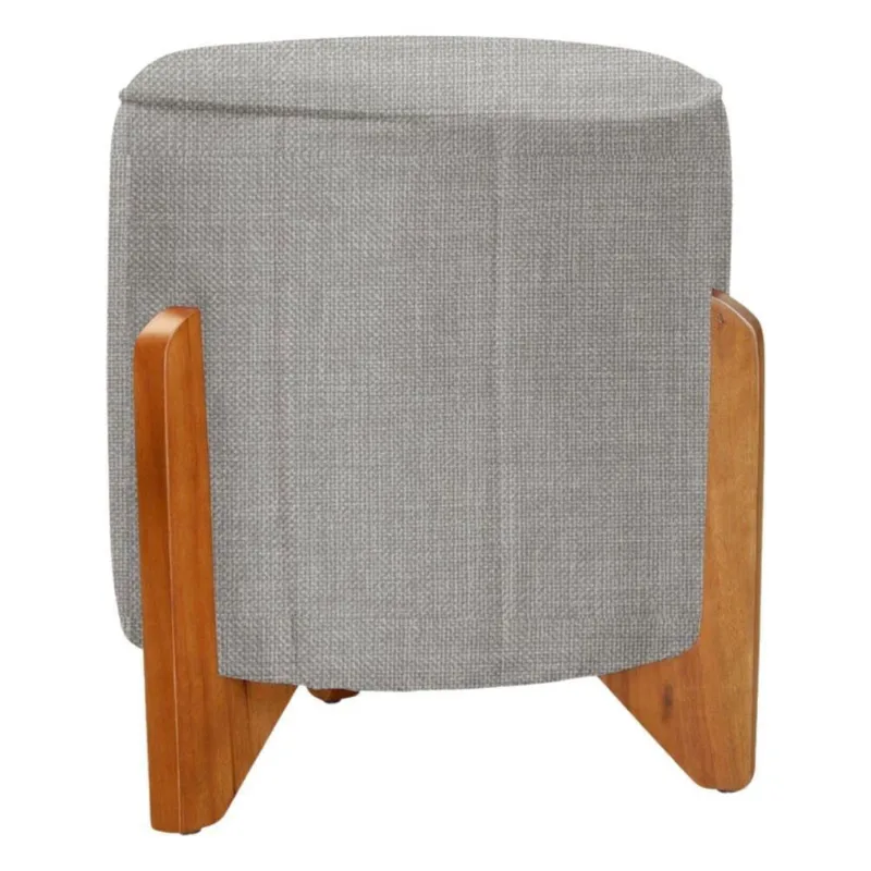 Puff Redondo Pequeno Pé De Madeira Linho Banqueta Decorativo Cor: bege