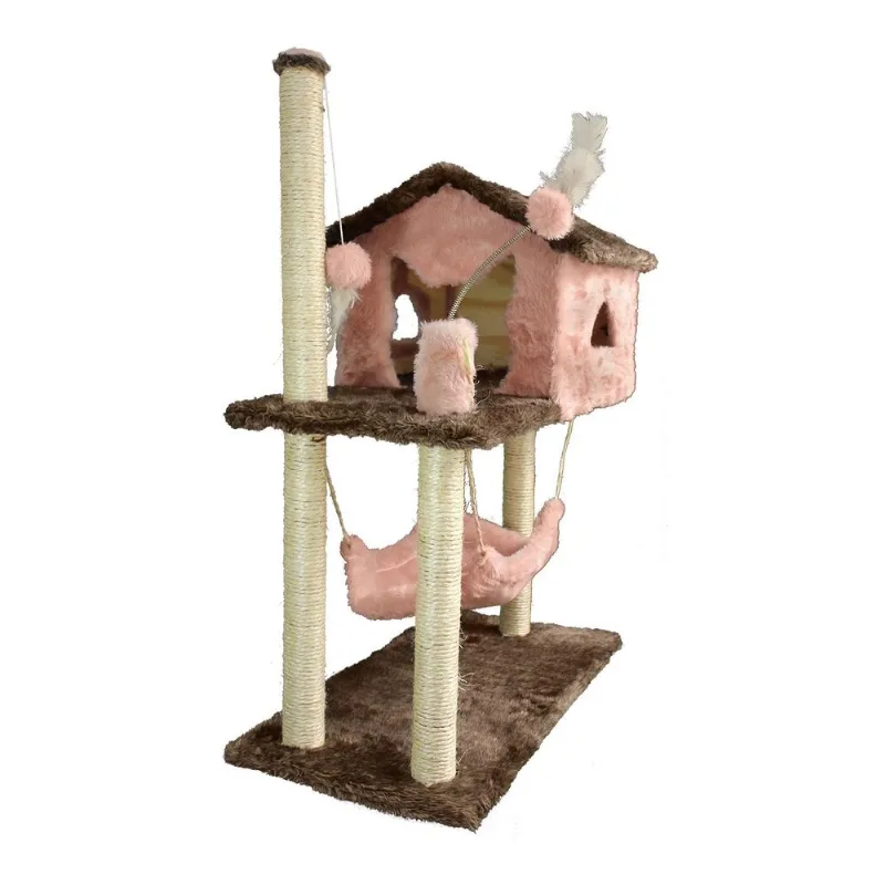 Casa Grande Arranhador Gato Poste Sisal Rede Rosa Pó