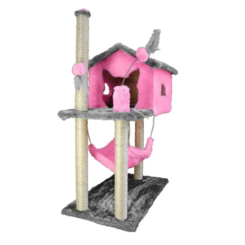 Casa Grande Arranhador Gato Poste Sisal Rede Pink