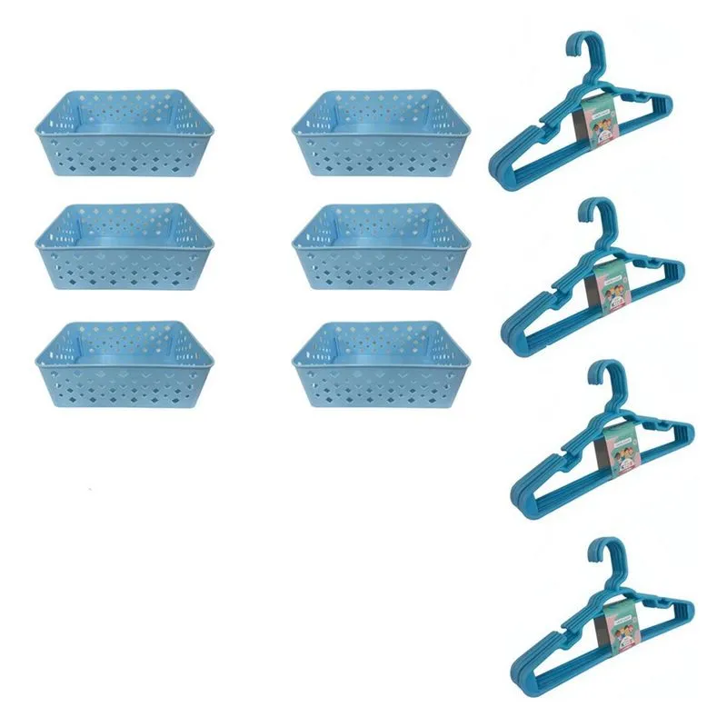 Kit 6 Cestos E 20 Cabides Infantis Organizadores Azul