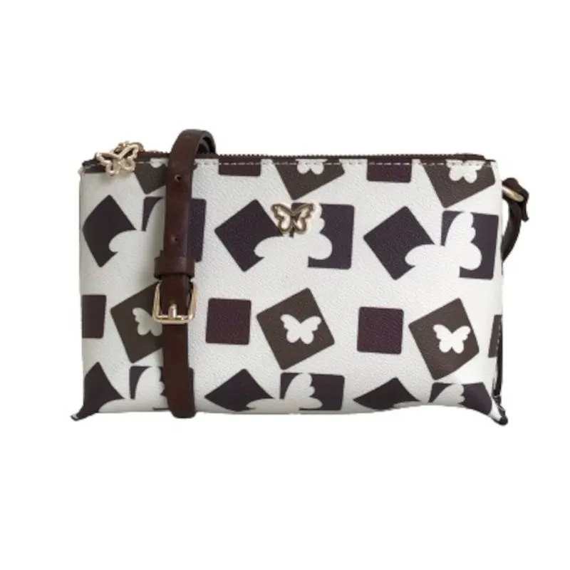 bolsa transversal pequena couro pu bege e monogramas marrom