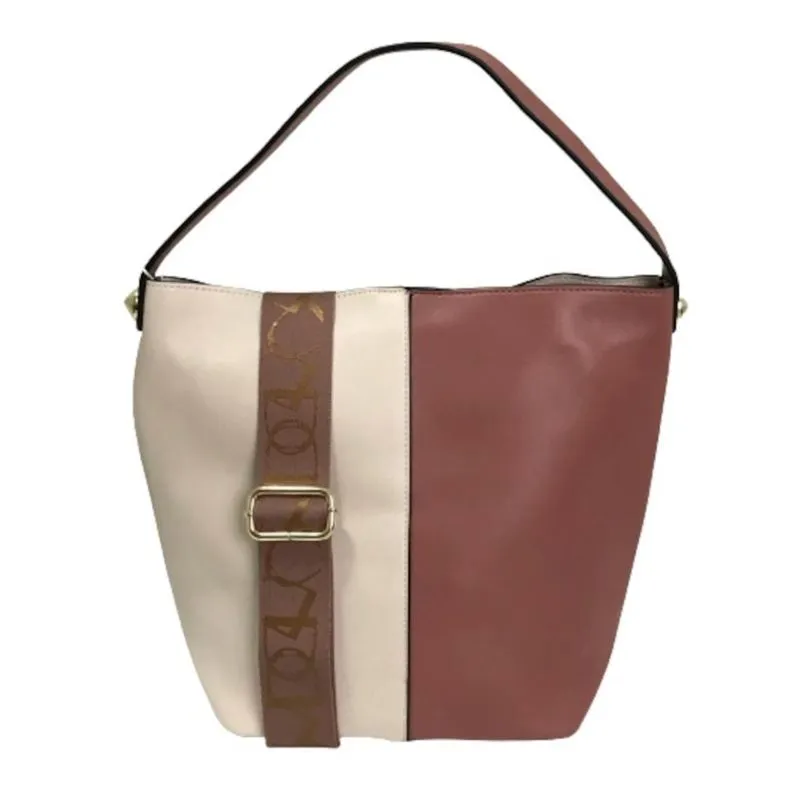 bolsa tote bicolor média couro pu rosa e bege com nécessaire