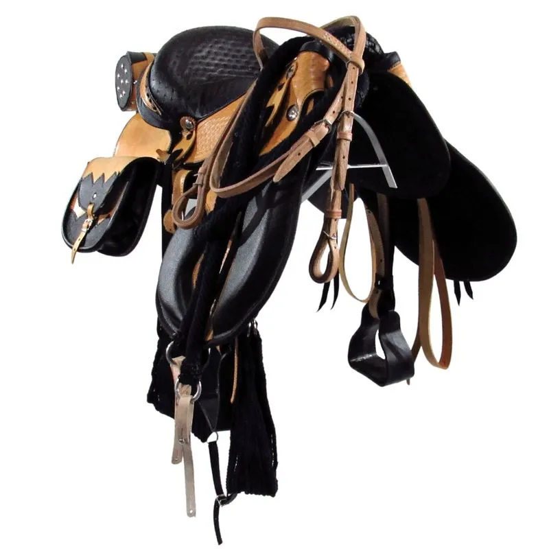 Sela de Cavalo Australiana Mangalarga Natural e Preto Com Alforje Porta Whisky Luxo