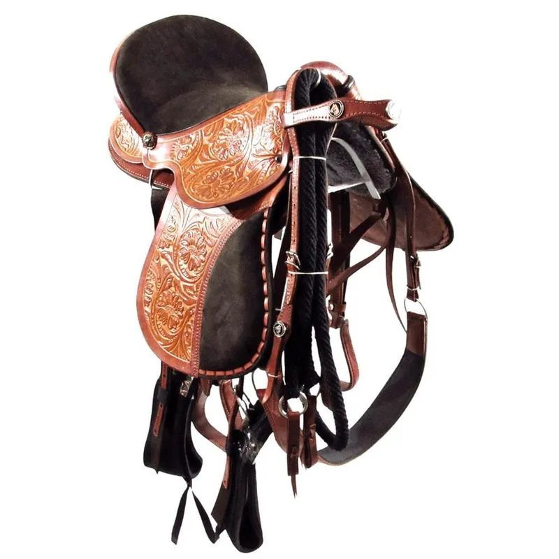 Sela de Cavalo Australiana Havana Entalhada Couro Nobuck Inox 15 Polegadas
