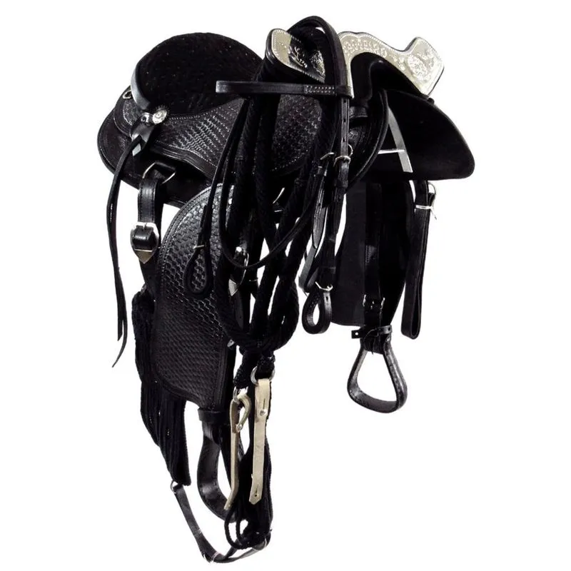 Arreio De Cavalo Com Cabeça Chapa Tropeiro Preto Completo 16 Polegadas Luxo