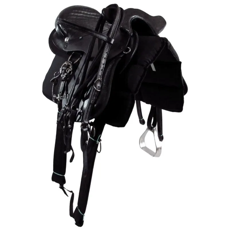 Sela de Cavalo com Cabeça Preta de Aba Inox Luxo 16 Polegadas + Acessórios