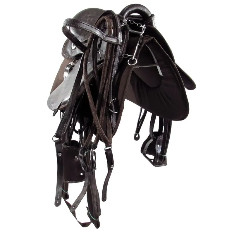 Sela de Cavalo Australiana Marrom Infantil de Aba Inox Luxo + Acessórios