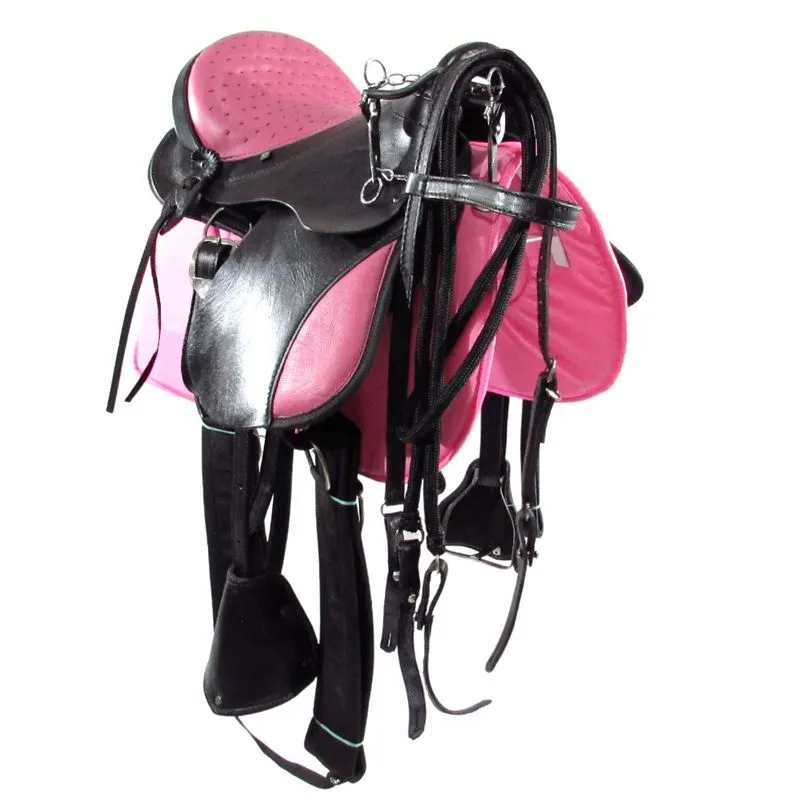 Sela de Cavalo Australiana Preta e Rosa Infantil de Aba Inox Luxo + Acessórios