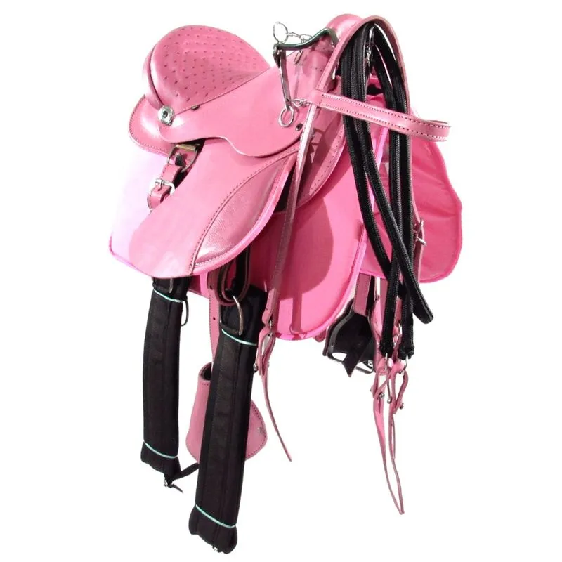 Sela de Cavalo Australiana Rosa Infantil de Aba Inox Luxo + Acessórios