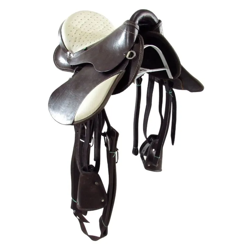 Sela de Cavalo Australiana Marrom e Bege Infantil de Aba Inox Luxo 12 Polegadas
