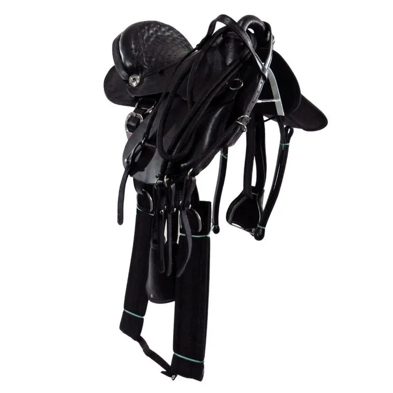 Sela de Cavalo Australiana Preta Infantil de Aba Inox Luxo 12 Polegadas
