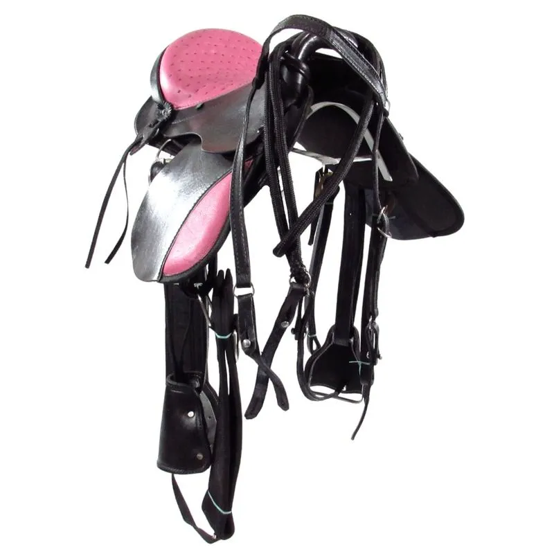 Sela de Cavalo Australiana Preta e Rosa Infantil de Aba Inox Luxo 12 Polegadas